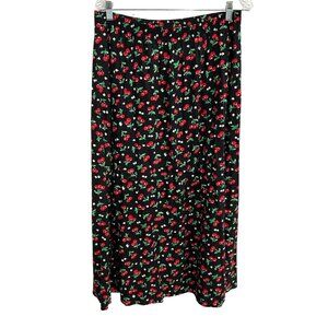 Blair Boutique Cherry Print Black Elastic Waist Midi Skirt Size Large